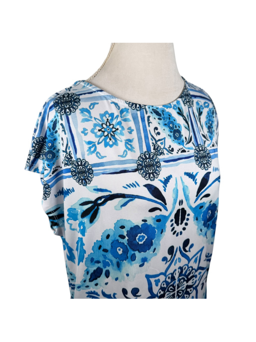 Mely New York Blue White Tile Print Shift Dress Mediterranean Beachy Size XL - Picture 6 of 10